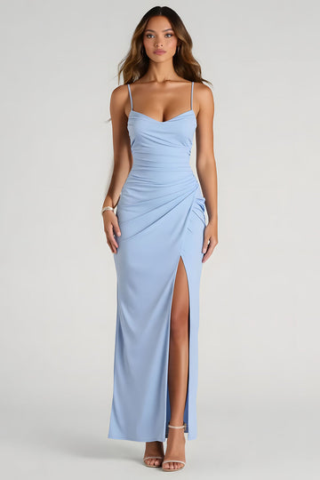 Light Blue Spaghetti Straps Sheath Ruched Long Bridesmaid Dress